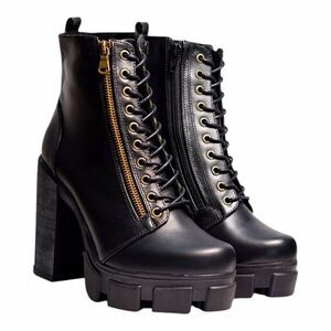 Black Leather Punk Gothic Boots Chunky High Block Heel Lug Zip UP US 5.5/6 EU 36